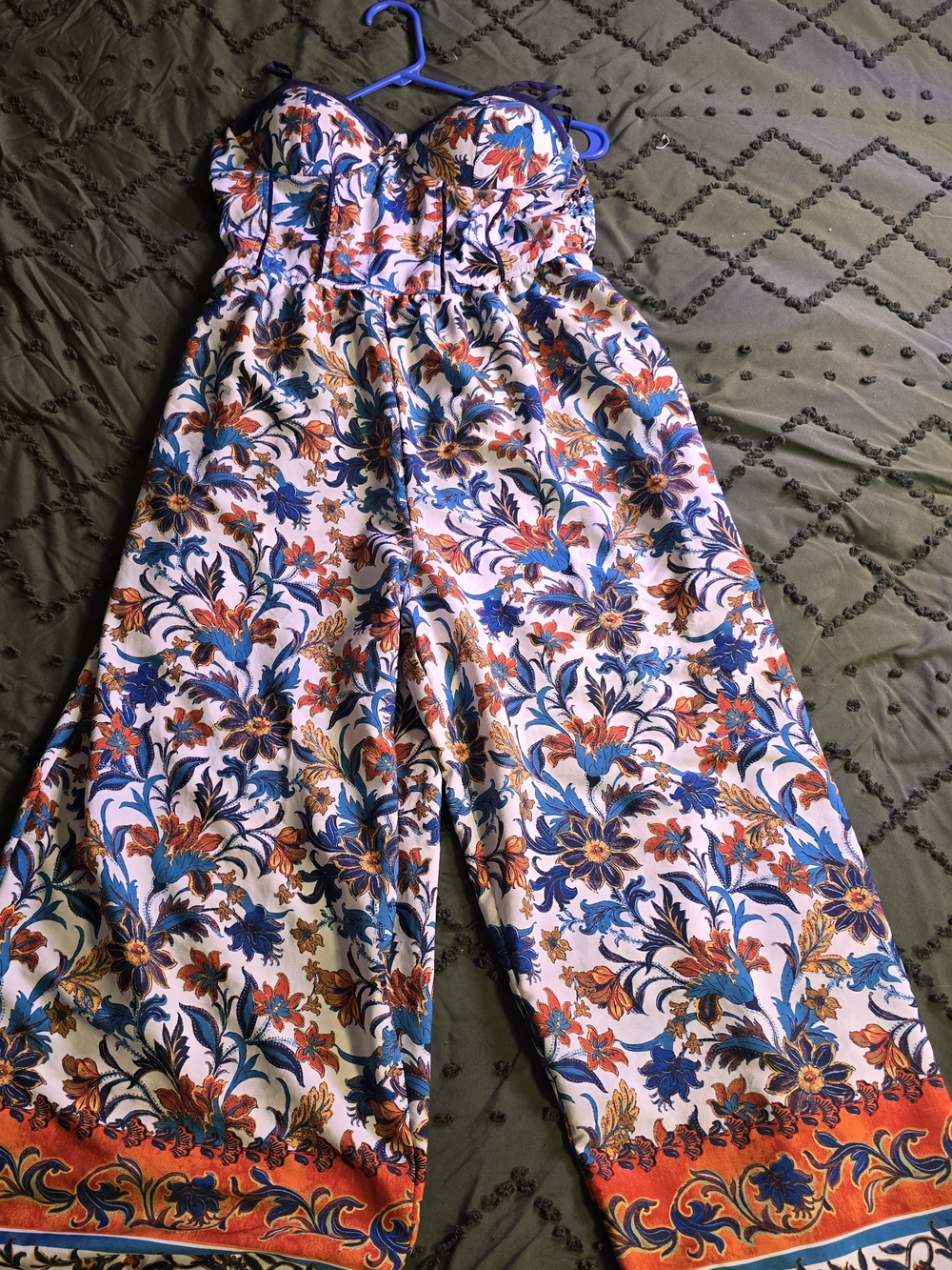 Strapless Floral Wide-Leg Jumpsuit in White with Blue & Orange Print